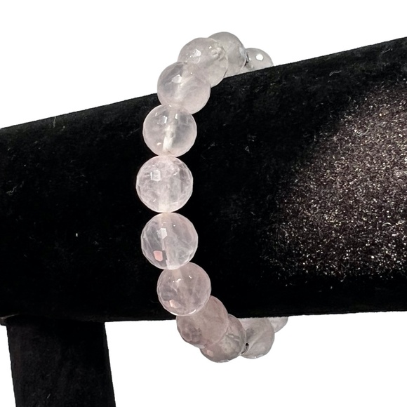 VINTAGE FACETED ROSE QUARTZ 10MM BEADS W SILVER TONE BEADS STRETCH BRACELET - Picture 4 of 8
